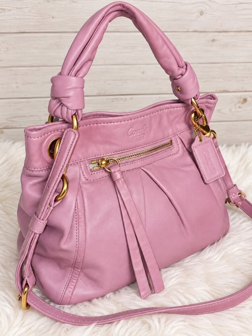 Coach Parker Pink Leather Shoulder Bag with Tassel and Gold Hardware